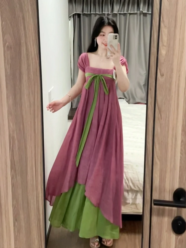 

Keni plus Size Retro Chinese Style Dress with Belt Square Collar Women's Summer Beautiful Hanfu Long Dress Color Block Design