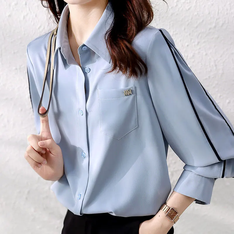 Office Lady Solid Color Polo-Neck Shirt Spring Autumn Bright Line Decoration Stylish Pockets Three-dimensional Decoration Blouse