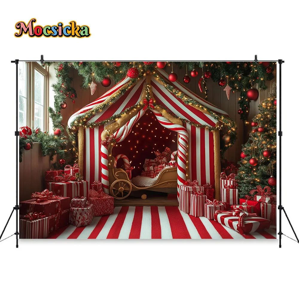 Christmas Candy Cane Tent Background Photography Xmas Gifts Sleigh Pine Tree Gift Backdrop Decor Kids Indoor Winter Photobooth