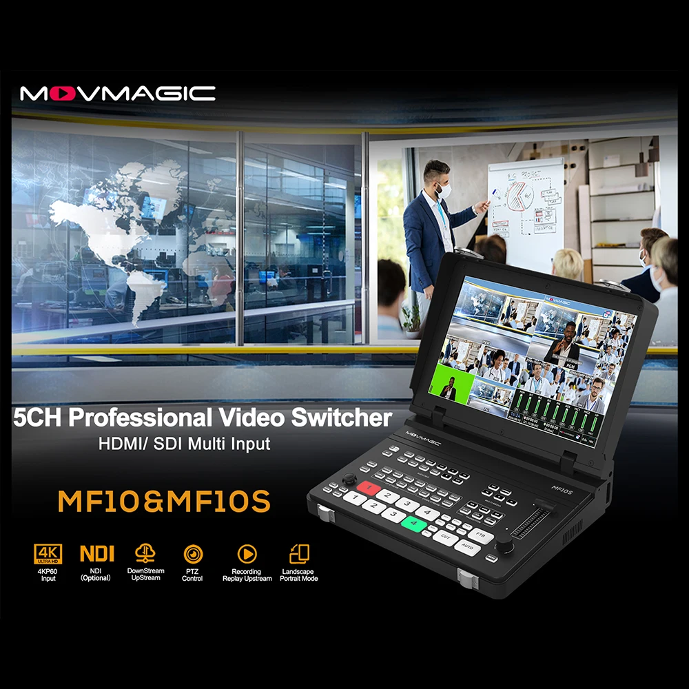 Movmagic MF10&MF10S 10.1'' 5 Channel 4K Video Switcher Professional HDMl&SDI&NDI Streaming Box for Live Podcast Music Concert