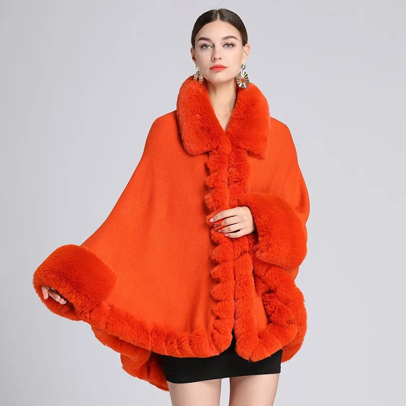 

Autumn Winter New Imitation Otter Rabbit Fur Collar Knitted Imitation Fur Shawl Cardigan Women Poncho Lady Capes Orange Cloak