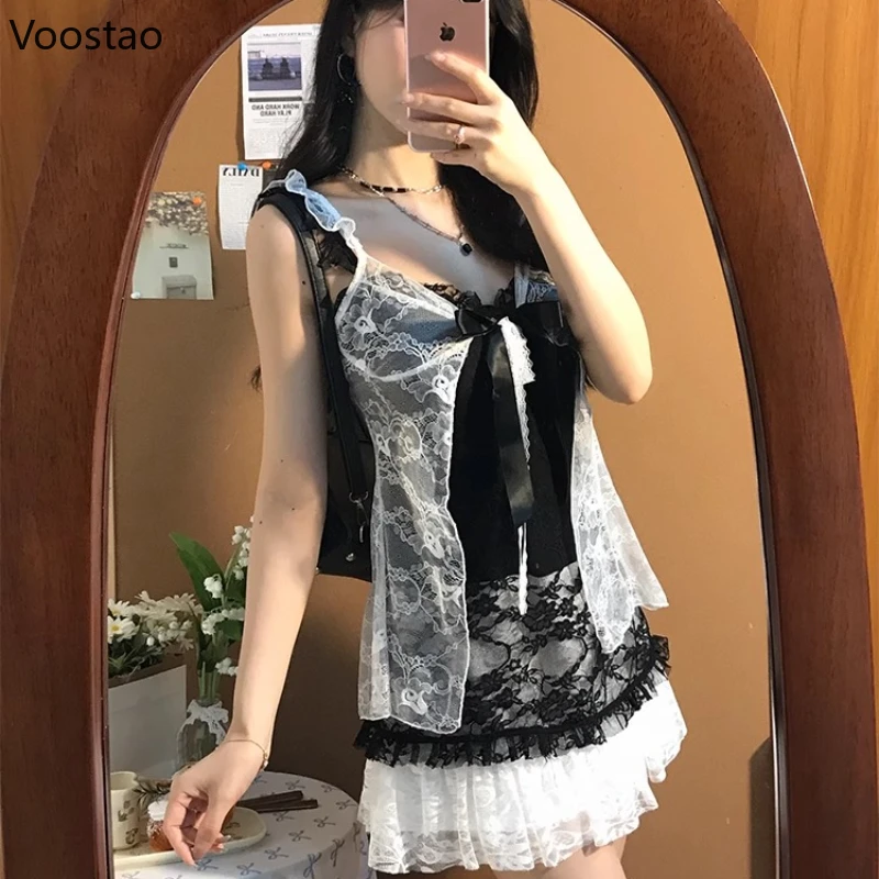 서브컬쳐 일본 2피스 드레스 세트 여성 Y2k 레이스 가디건 크롭탑 미니 드레스 비치 하라주쿠 여성 빈티지 시크 의상