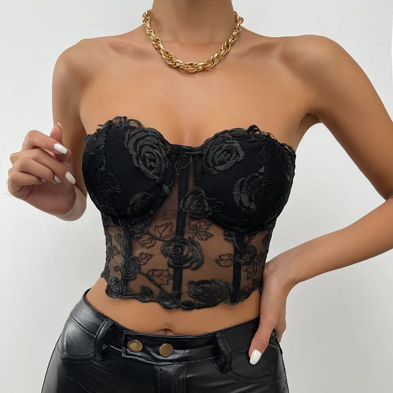 Yimunancy Strapless Crop Top Women Floral Backless Top Ladies Black Sexy Top Clubtwear