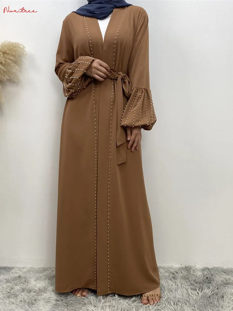 

Ramadan Fashion Pearl Beading kimono Abaya Muslim Dress female Oversized Cardigan Islamic Kaftan Robe Musulman Abaya wy1897