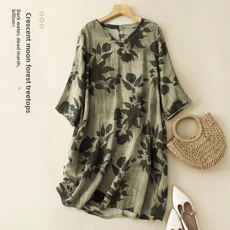 

Рубашка из конопляной ткани в стиле ретро, свободного кроя, с длинным рукавом, повседневная, для женщин среднего возраста, с винтажным принтом, для повседневной носки