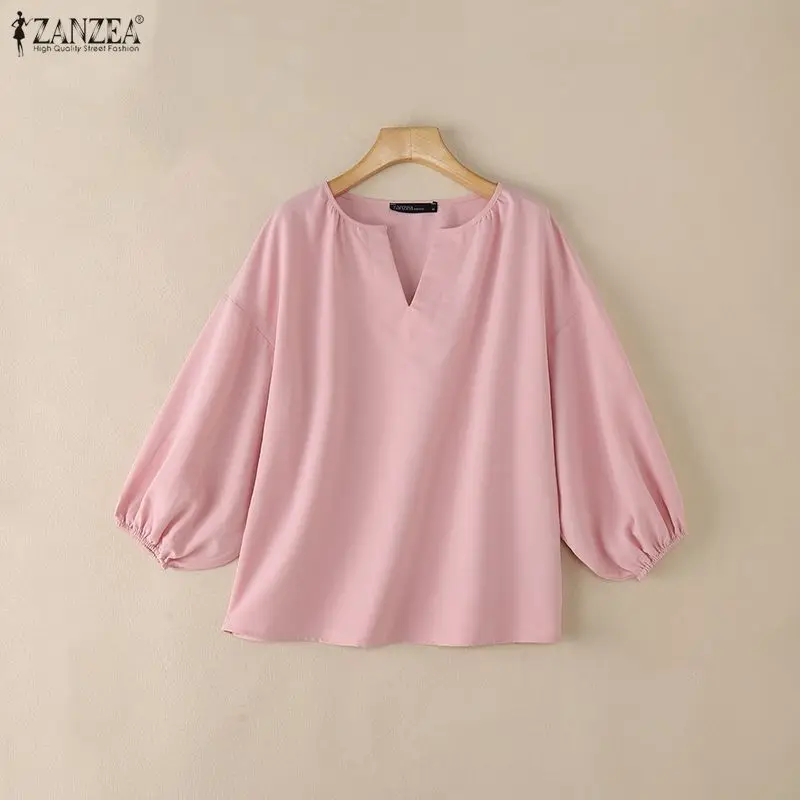 

Elegant Women Blouses Solid ZANZEA Summer Spring 3/4 Sleeve Tops V Neck Streetwear Tee Oversized Blusas OL Work Party Blouse