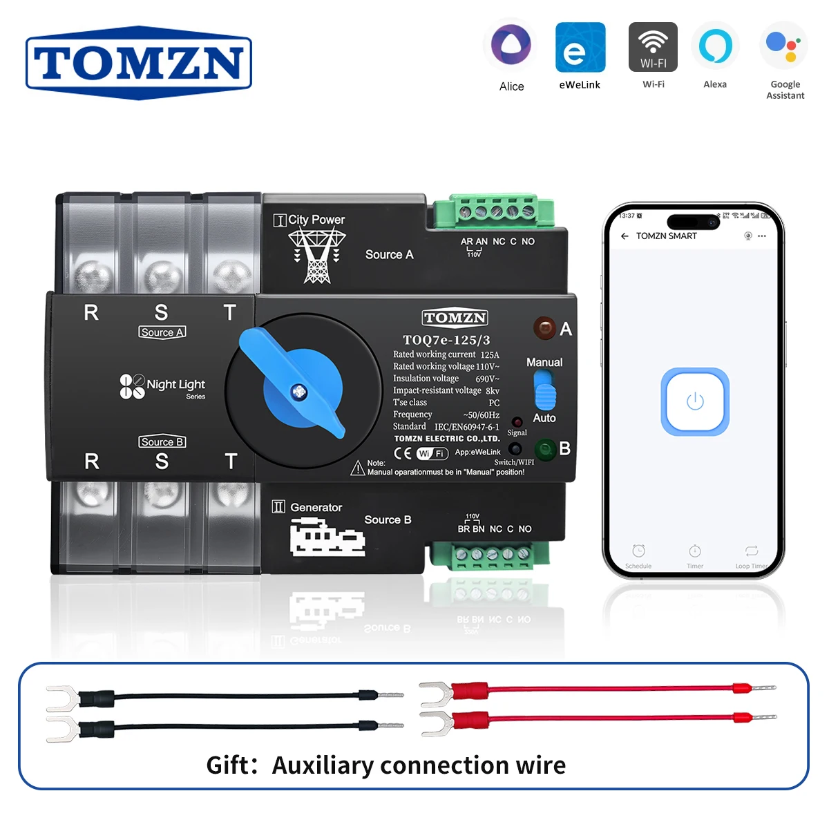 

TOMZN 110V 120V Three Phase WIFI smart ATS Dual Power Automatic Transfer Selector Switch Uninterrupted 3P 125A eWeLink Din Rail