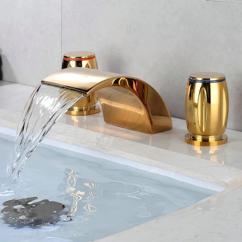 Basin Waterfall Faucet Hot and Cold All Copper Bathtub Basin Faucet Double Handle Three-Hole Undermount Basin Waterfall Faucet