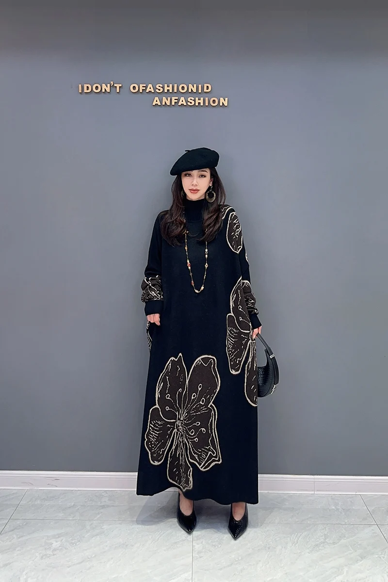 2024 Autumn New Elegant Contrast Color Knitting Loose Long Dress Women Fashion Long Sleeve Dress Wholesale J549