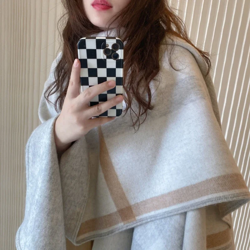 Thick and Warm Autumn and Winter All-match Female British Plaid Cashmere Wool Cape Double-sided Oversized Shawl Scarf