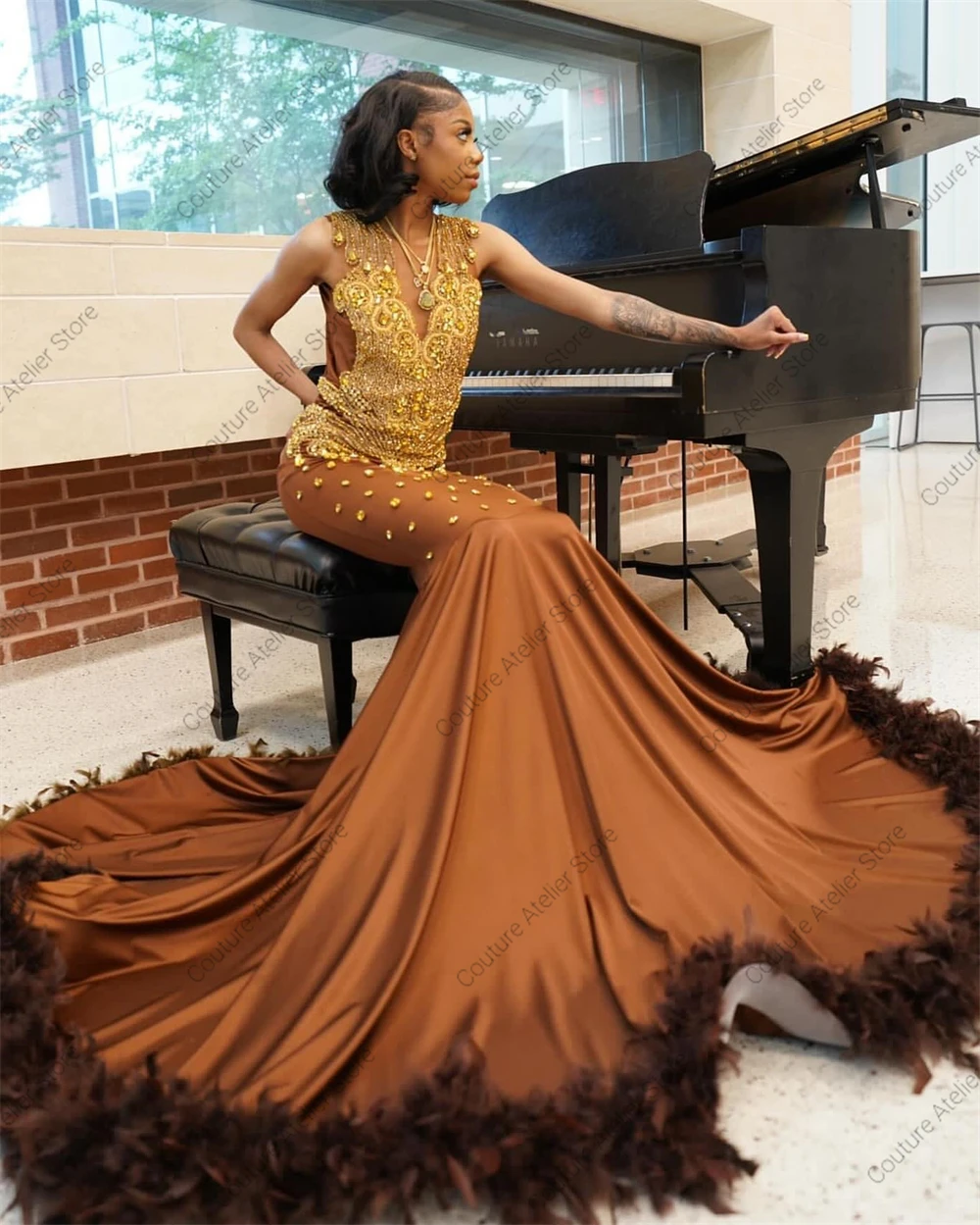 Chocolate Brown Fearhers Gold Rhinestones Prom Dresses For Blackgirls 2024 New In Formal Occasion Dress African Wedding Gowns