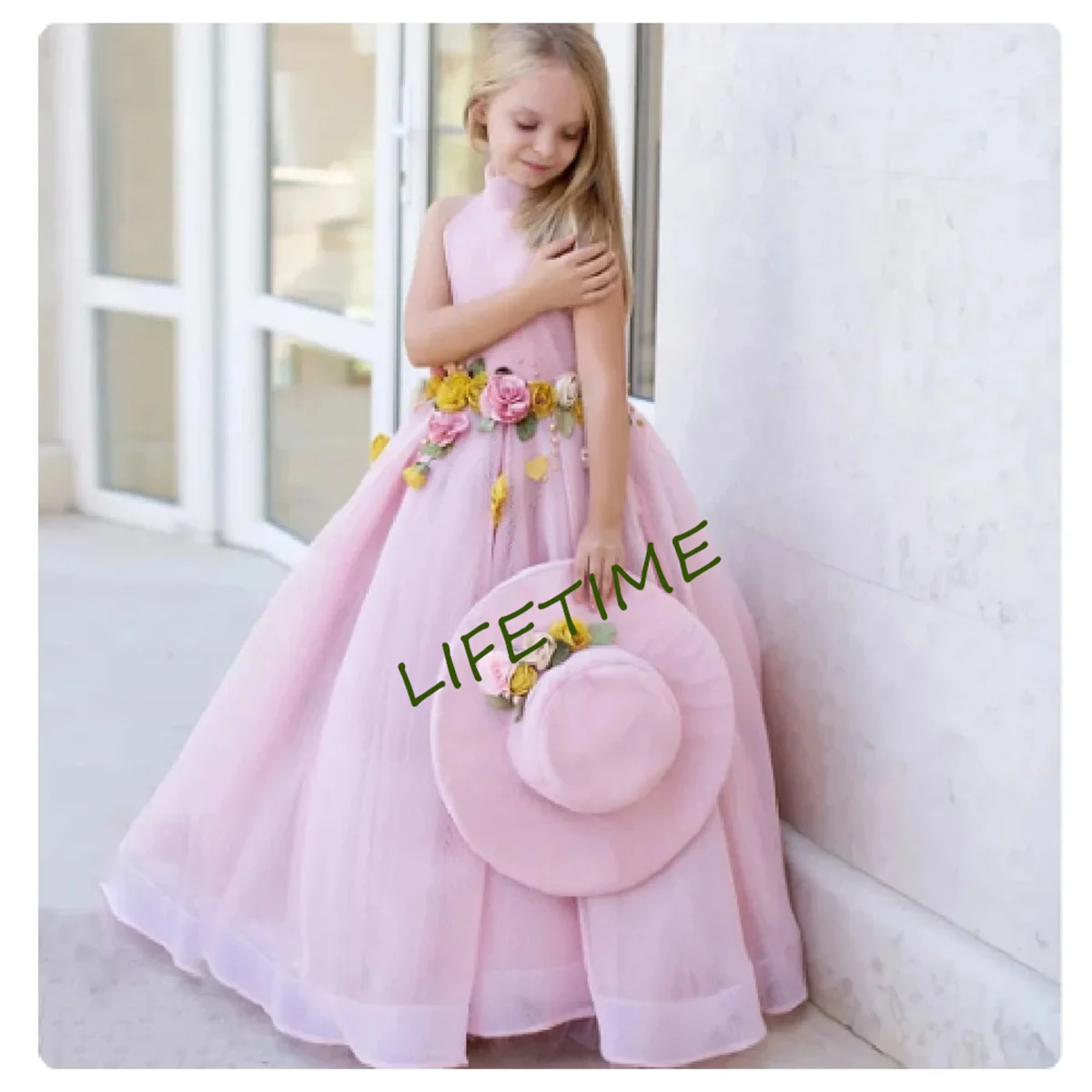 Rosa vestido de flor sem mangas para meninas, pescoço alto, até o chão, primeira comunhão, casamento, baile, princesa, baile, para o bebê