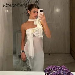 WhereMery Sexy Irregular Dress Elegant Patchwork Off Shoulder Strap Evening Dresses Summer Mesh Perspective Party Robe Women's