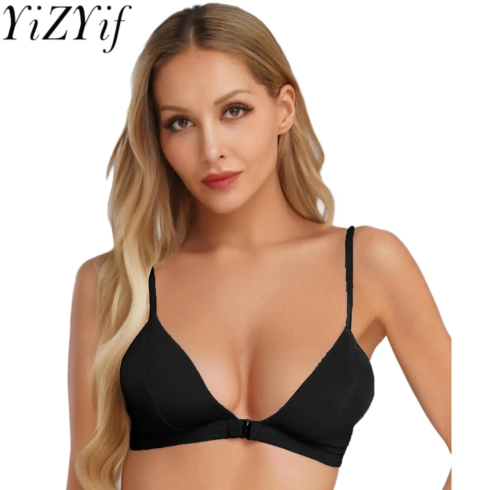 

Women Triangle Push Up Bra Tops Crossing Spaghetti Straps Front Closure Wireless Brassier Tops for Daily Everyday Underwear
