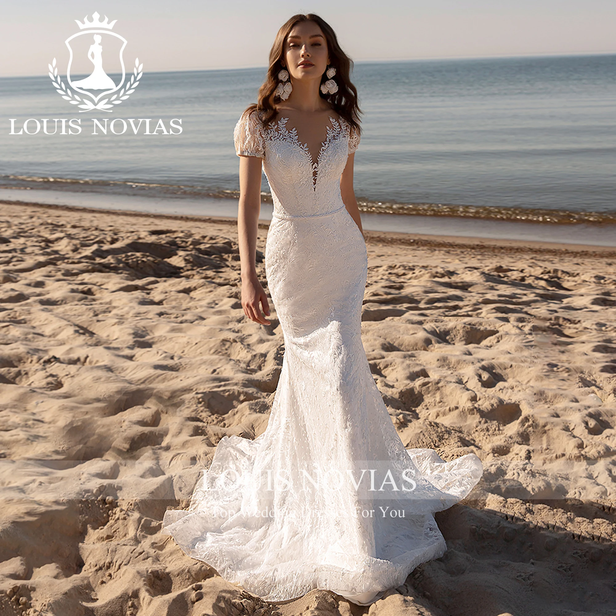 LOUIS NOVIAS-vestido De Novia De sirena con cuello en V, traje De manga corta con cinturón, apliques De ilusión, alta calidad, 2023