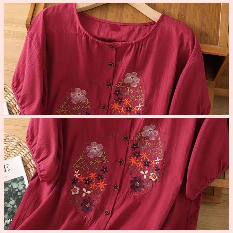Chemises d'été pour femmes, haut en coton et lin brodé de fleurs, chemisiers amples décontractés à manches courtes, chemise blanche, manteau Cardigan