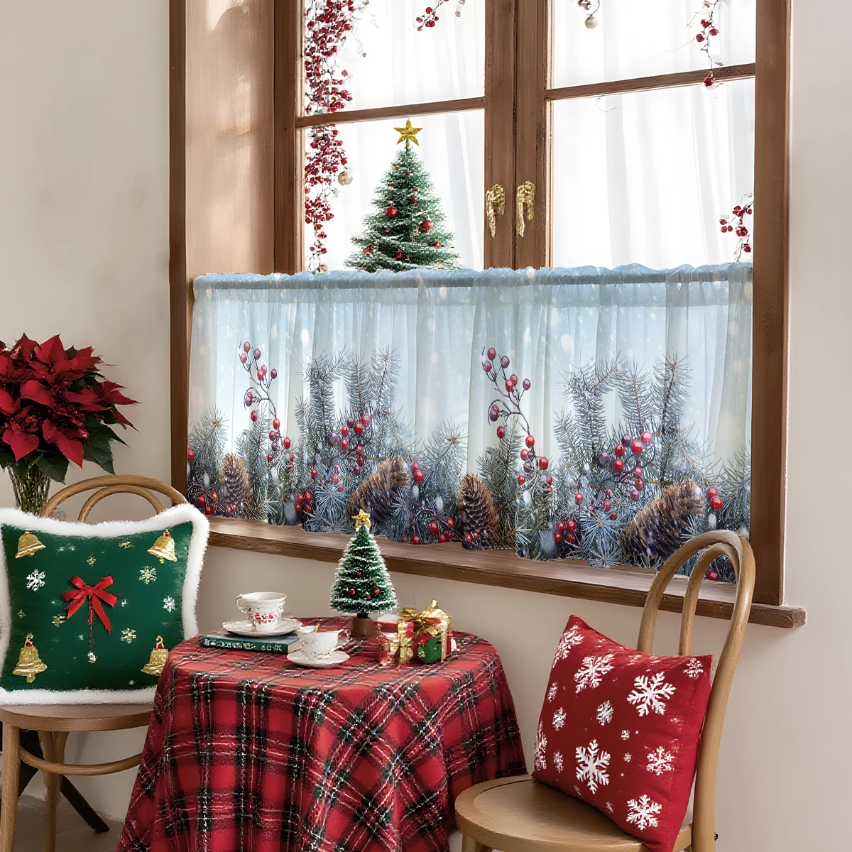 1 Piece Christmas Decorative Printed Curtain - Christmas Pine Branches and Red Fruit Design, 100% Polyester Fiber Light-Filtering Rod Pocket Curtain, Suitable for Small Windows/Kitchen/Bedroom/Dining Room, Machine Washable and Easy to Install, Christmas Decoration, Holiday-Themed Fabric, Smooth Material