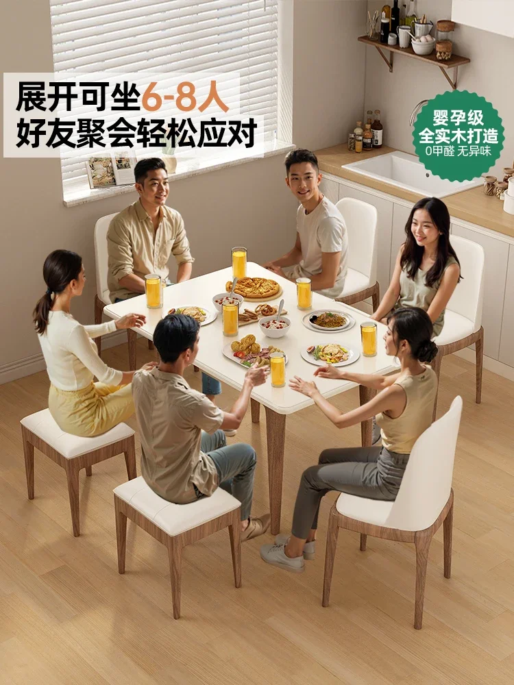 Solid wood rock slab folding dining table dining chair combination space saving household small
