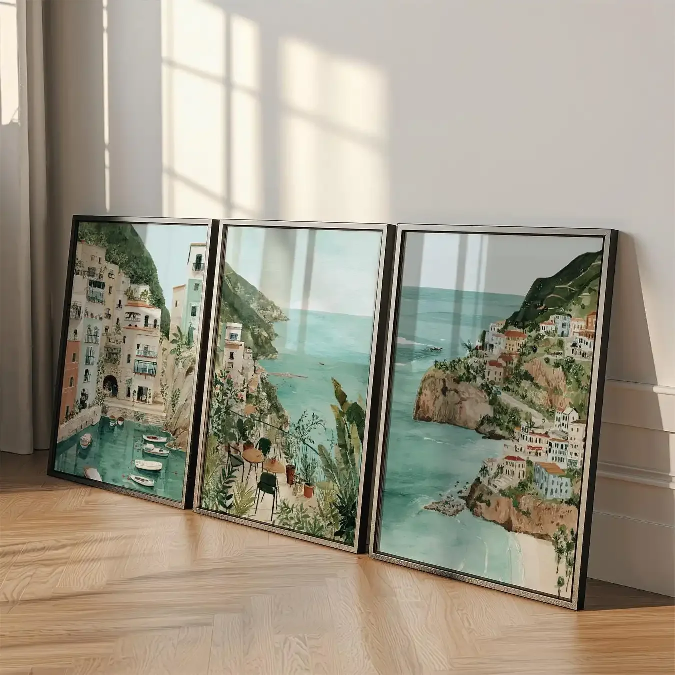 Multiple sizes 3pcs frameless Canvas Painting Watercolor Amalfi Coast Canvas Prints, Mediterranean Coastal Village Wall Art, Neu