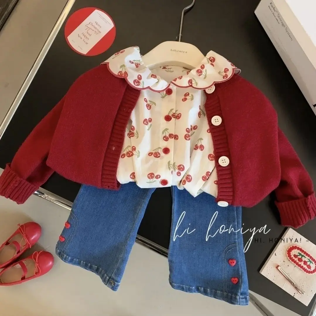 

Spring Autumn Baby Girls Clothing Suit Knitted Cardigan Sweater +Embroidery Shirt Washed Jeans 3PCS Girls Kids Clothes Set