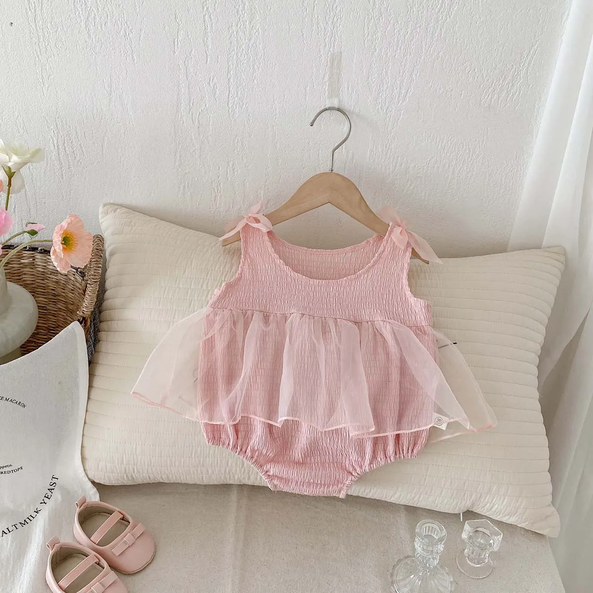 Baby summer thin camisole jumpsuit for girls, sweet bow and mesh princess jumpsuit for summer