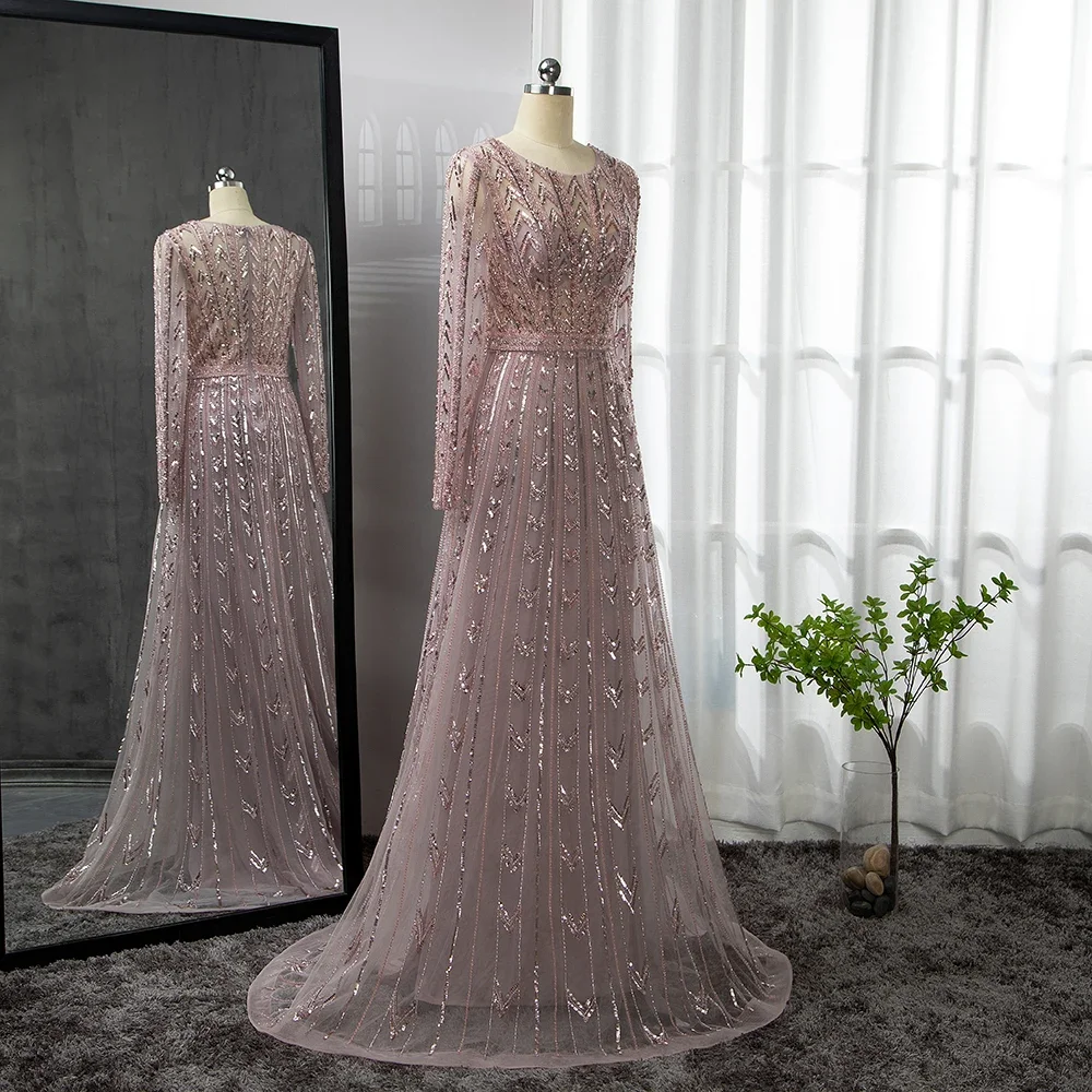 Serene Hill 2025 Pink Mermaid Elegant O-Neck Muslim Long Sleeves Evening Dresses Gown Beaded Formal Occasion GLA71696 Customized