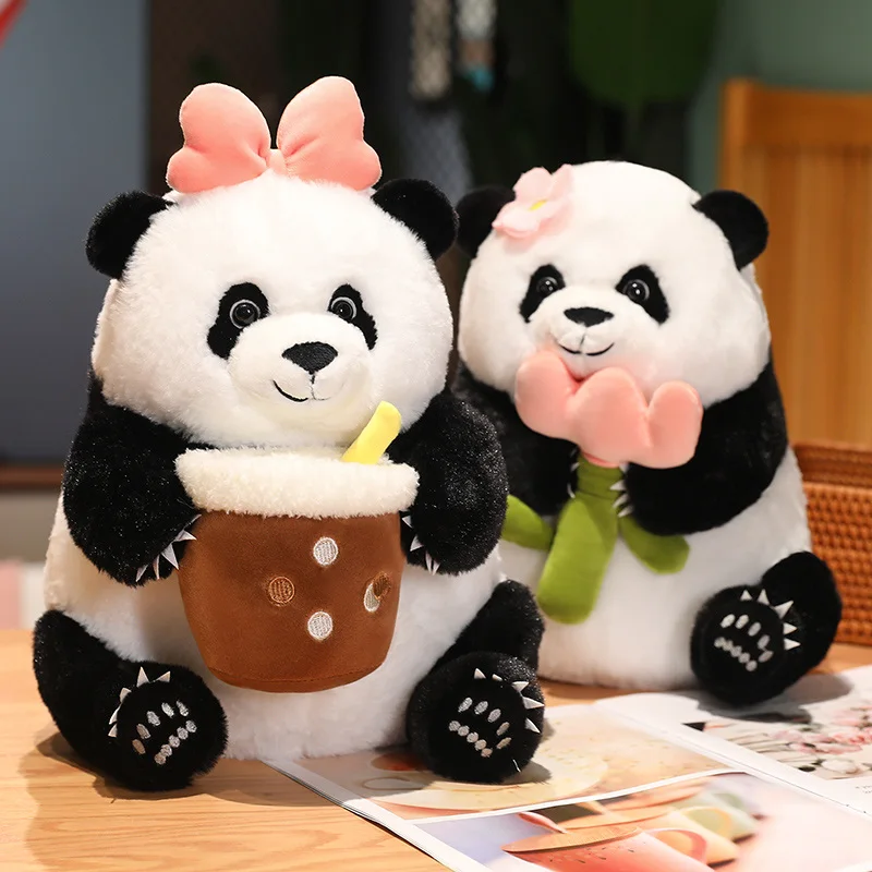 22-42cm Plush Panda Toy Kawaii Panda with Bubble Tea Cup/Bamboo/Flower Stuffed Animal Doll Toys for Kids Baby Kawaii Gifts