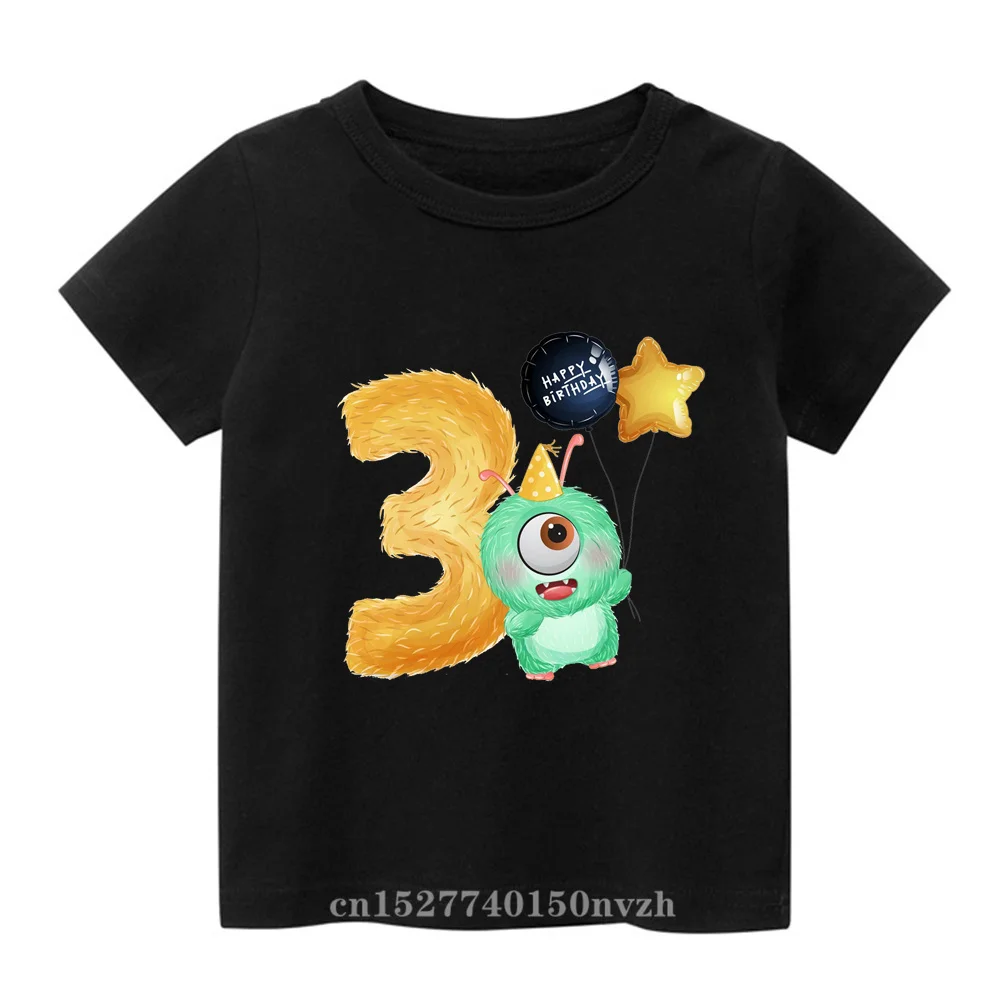 Cartoon Monster Birthday Number 1-9th Black Children T-shirt Kid Party Gift Present Clothes Baby Group Tops Tee,Drop Ship