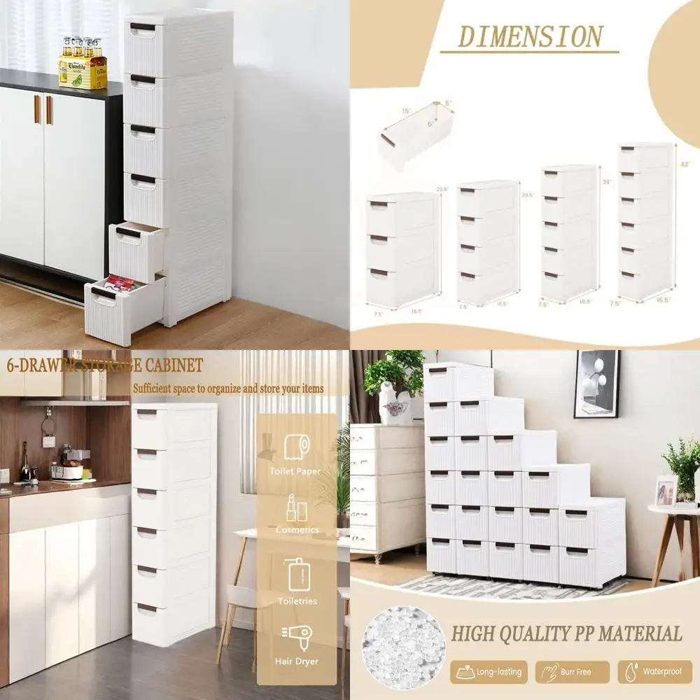 Gabinete de almacenamiento estrecho de 6 niveles con cajones delgados, organizador de plástico con ruedas para baño y sala de estar