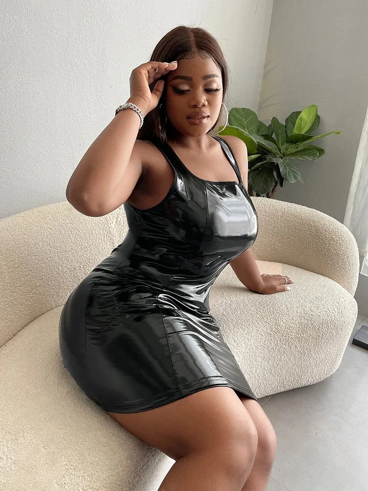 Sexy Damen Kurviges Plus-Size Glänzendes Patentleder Ärmelloses Bodycon Minikleid mit Reißverschluss am Rücken Dehnbares Nacht-Outfit Party Clubwear – Detail 2