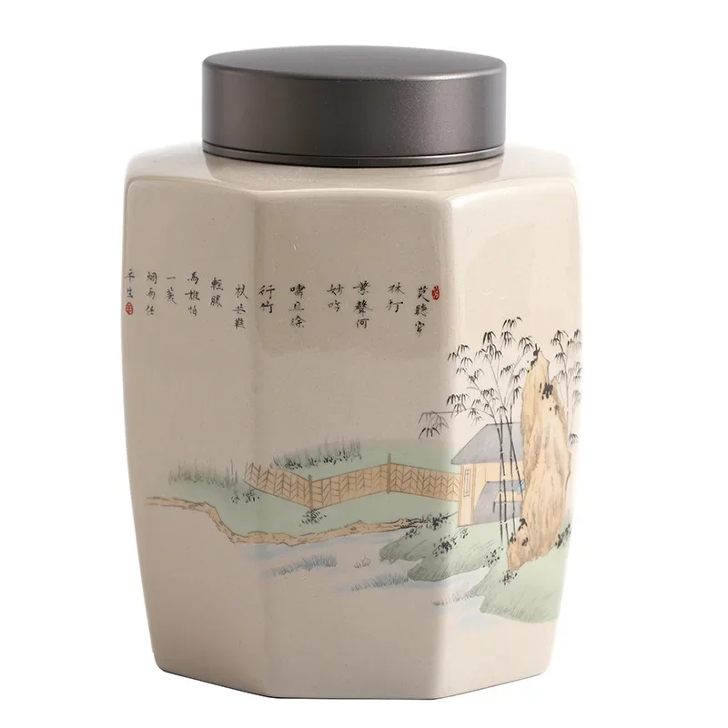 

Ceramic tea can, large octagonal sealed storage tank, alloy lid tea packaging tank