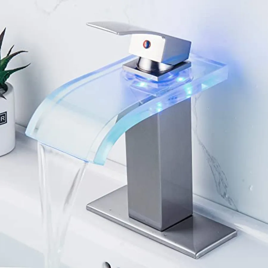 

LED Bathroom Faucet Waterfall Bathroom Sink Faucet 1 Hole 4 Inch Centerset Color-Changing LED Lights