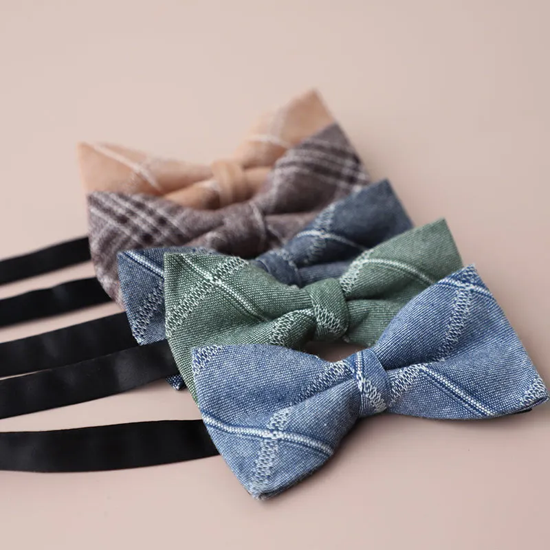 2024 Trendy Navy Checkered Bow Ties For Men Cotton Plaid Grey Pocket Square Wedding Groom Bowknot Elegant Handkerchief Butterfly