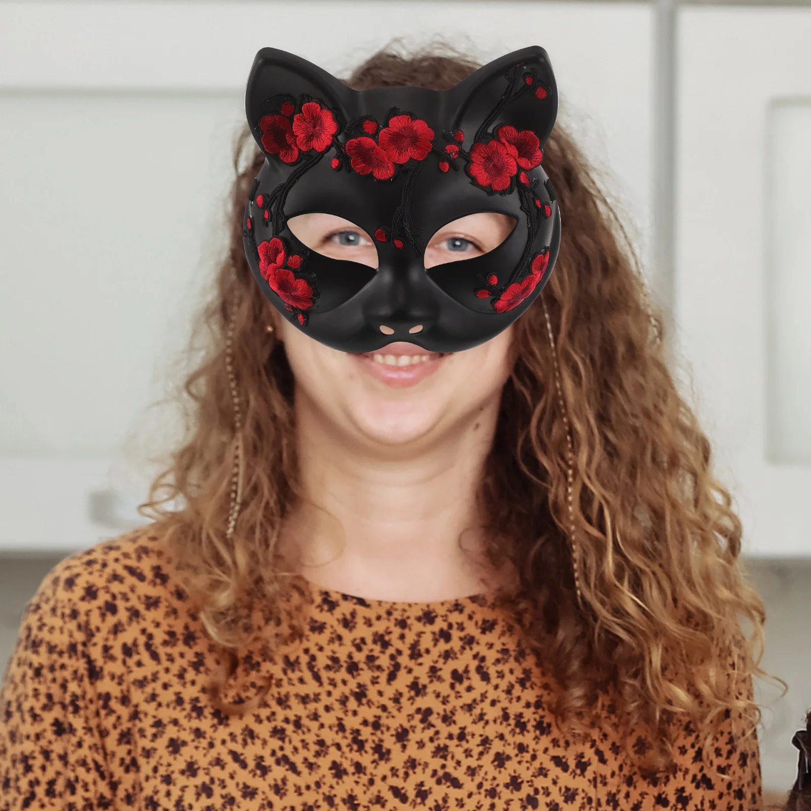 

Halloween Mask Cat for Women Cherry Blossoms Fabric Face Masquerade Party Japanese Fox Cosplay