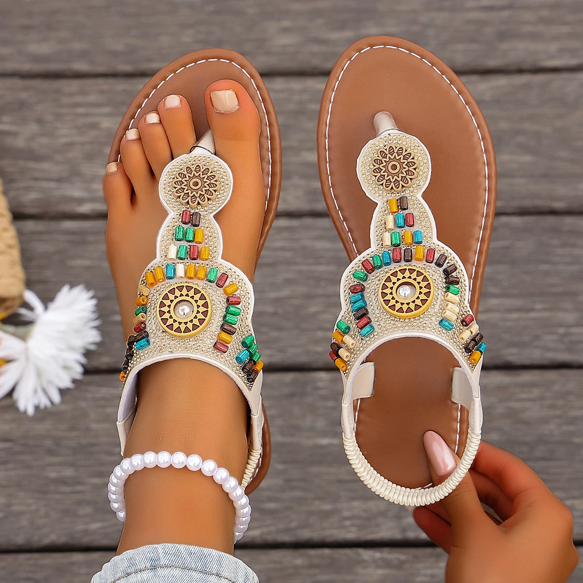Summer Women Sandals Clip Toe Bohemian Sandals Women Comfortable Flat Heels Soft Beach Shoes Woman Plus Size Outdoor Sandals