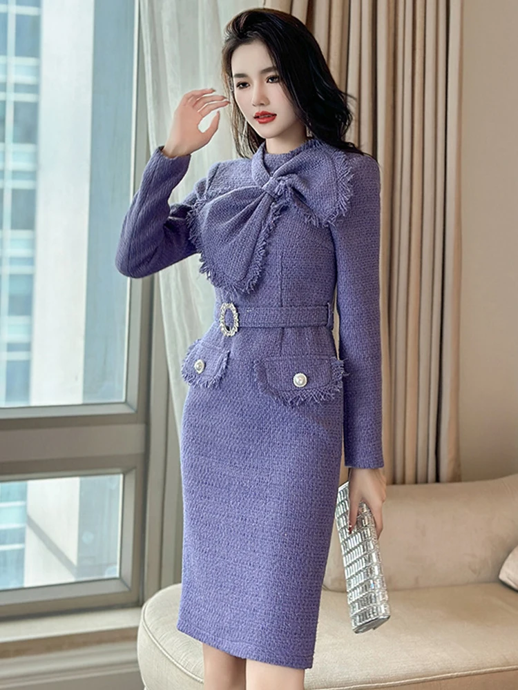 Neue trend ige Tweed Vintage klassische Bleistift kleid Frauen elegant pendeln süße Langarm schlanke formale Mujer Vestidos Straßen kleidung