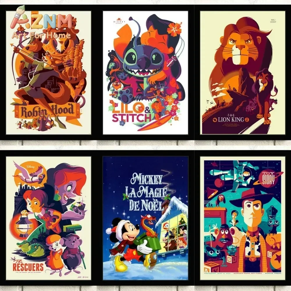 

AZNM Disney Робин Гуд, Лило и Стич, Король Лев, Спасатели, Микки Маус, История игрушек, безрамное настенное искусство на холсте для детской спальни