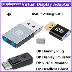 Manequim Emulador de exibição Plug, Displayport, Monitor Virtual, Fantasma sem cabeça, EDID, 4K Adaptador DP