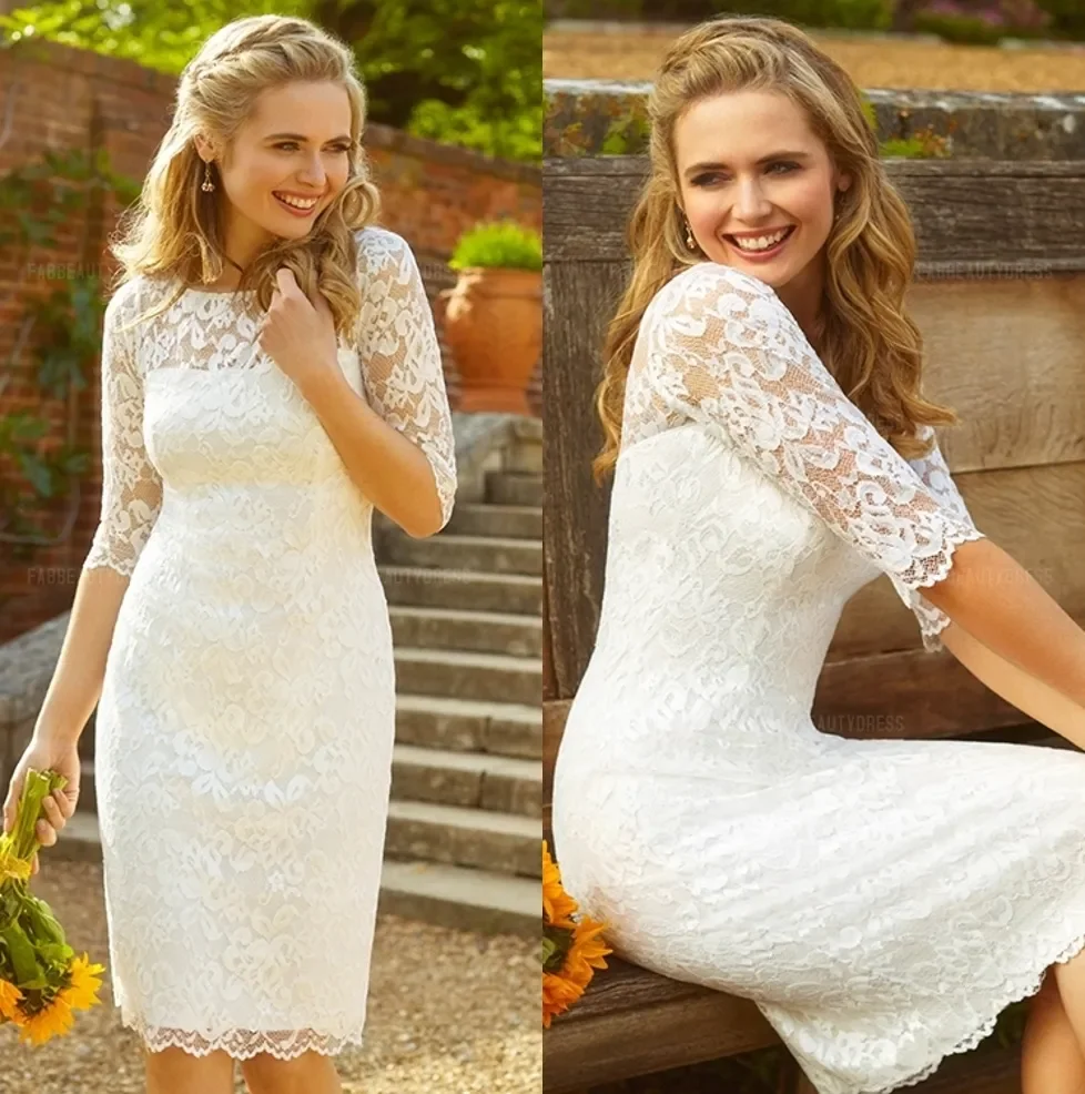 SheathColumn Knee-length Lace Wedding Dress With Jewel Neck 3/4 Sleeve Garden Country Vintage Sexy Short Cheap Sexy Bridal Dress