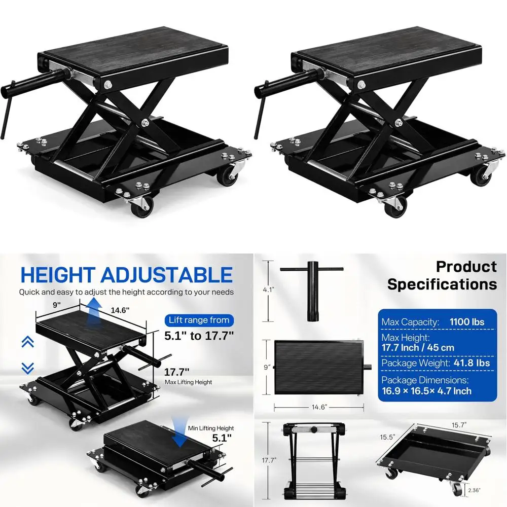 

Heavy-Duty 1100 lbs Motorcycle Scissor Lift Jack with Dolly, Wide Deck Center Stand for Garage Maintenance and Off-Road Vehicles