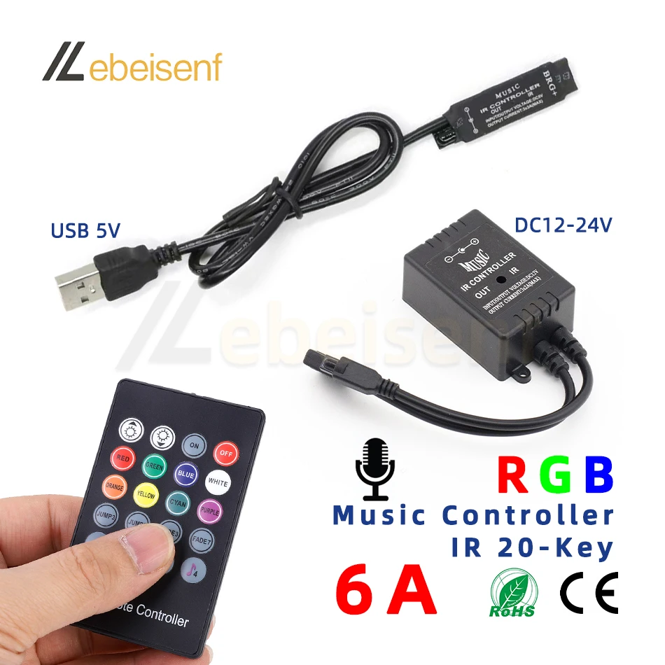 IR RGB Music Controller 6A 12-24V DC USB 5V Microphone LED Dimmer and 20-Key infrared Remote for 5050 2835 Color LED Strip Light