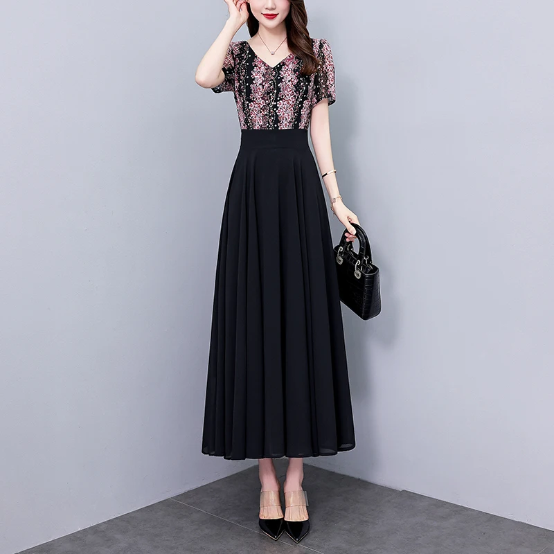 2025 Summer High Quality Korean Floral Chiffon Casual Midi Dress Women Elegant Party Chic Prom Bodycon Luxury Evening Long Dress