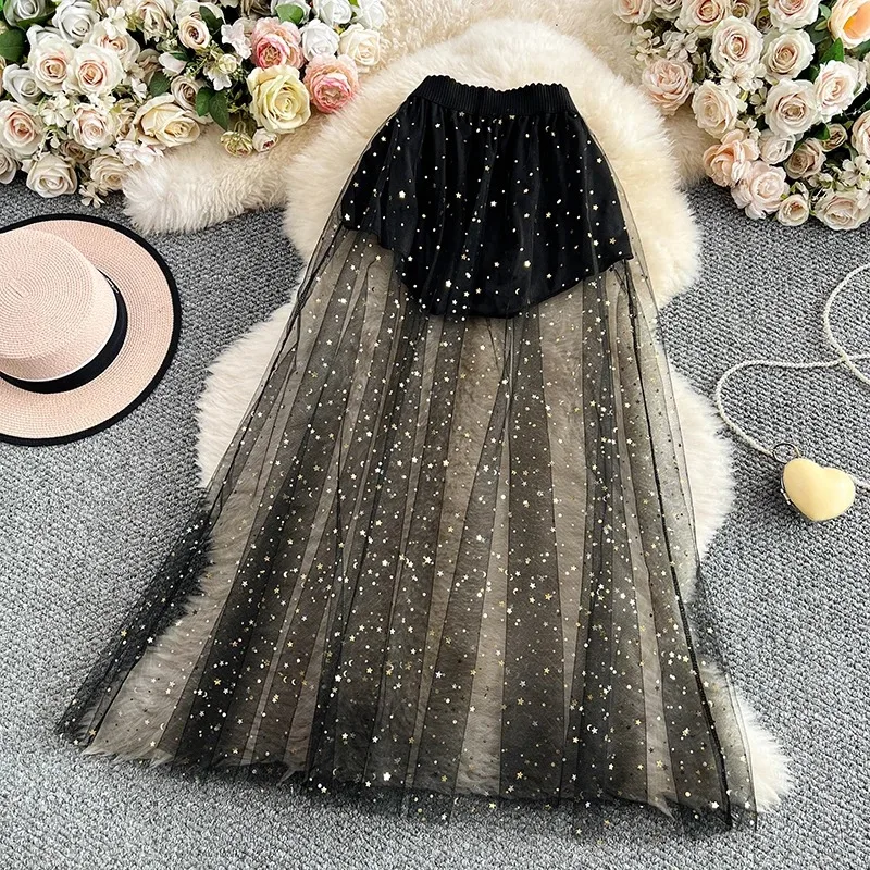 Starry Glitter Black Mesh Skirts for Women Elastic High Waist Temperament Long Dresses Sexy Tulle A-line Skirt