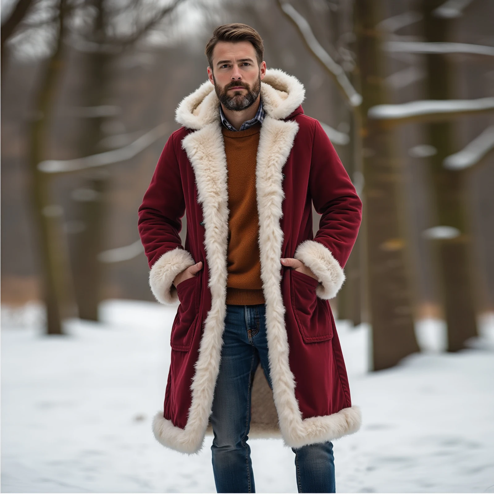 

Men'S Trench Coat For Warmth Hooded Long-Sleeved Jacket Fleece-Lined Top Pockets Thick Coat Solid Color Jacket Autumn Winter Top