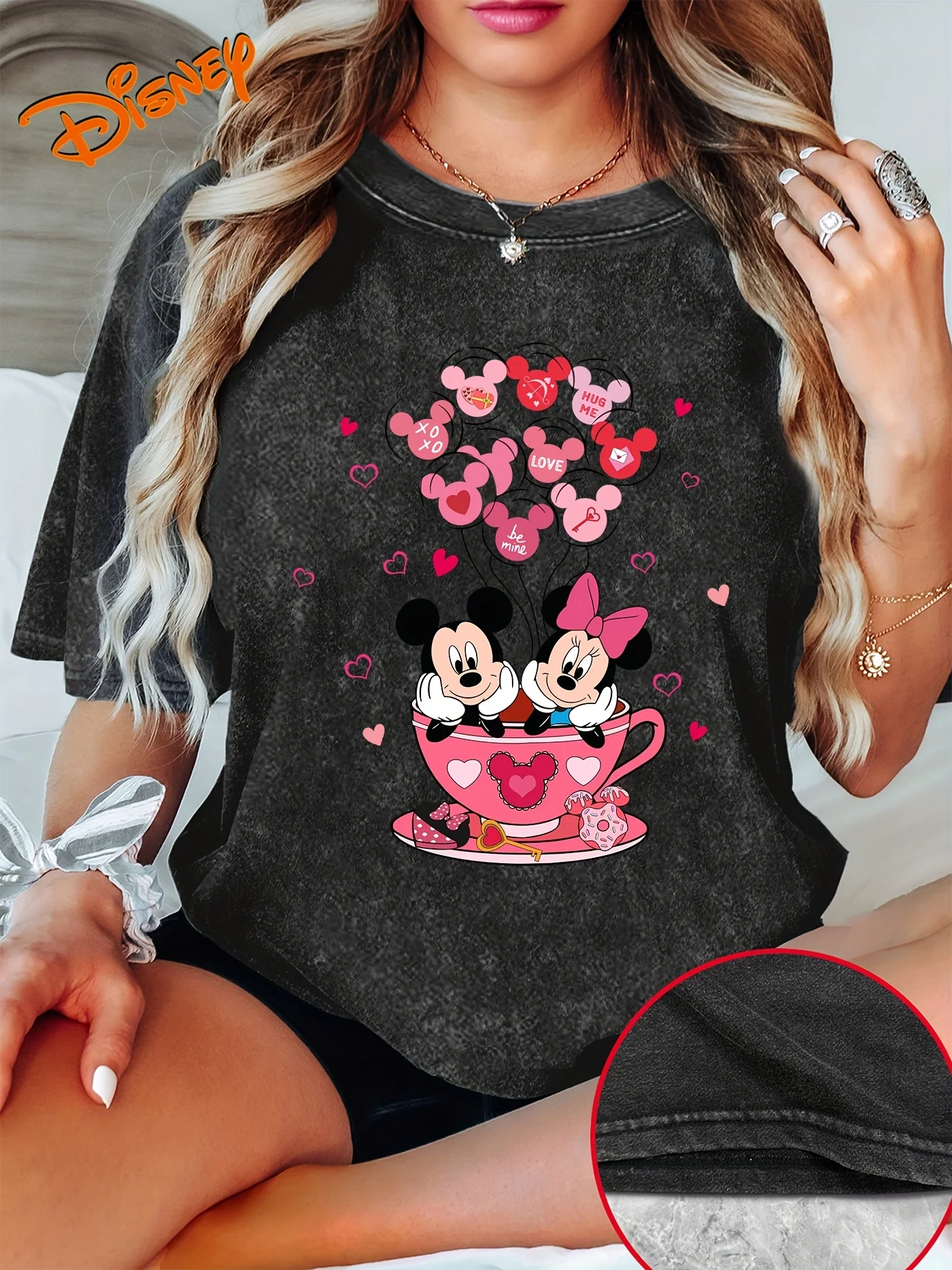

Disney Women's Casual T-Shirt - Crew Neck Short Sleeve Washed Black & Pink Printed Fashion Top Casual | Playful Printed T-Shirt