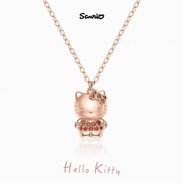 Sanrio Cartoon Character Hello Kitty Crystal Pendant Necklace Gold Colour Adjustable Size Collarbone Chain Female Jewelry Gift