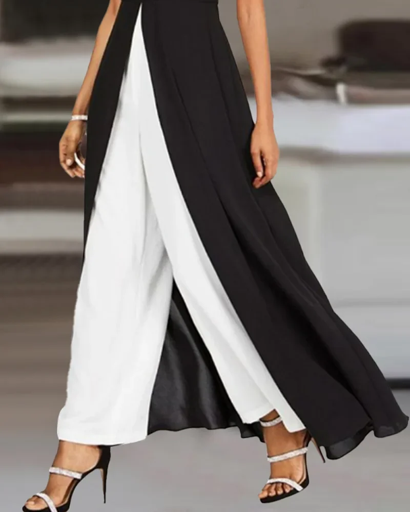 Jumpsuits Women Contrast Color High Waist Black Round Neck Sleeveless Jumpsuit O-neck Summer Wide Leg Pants Jumpsuits