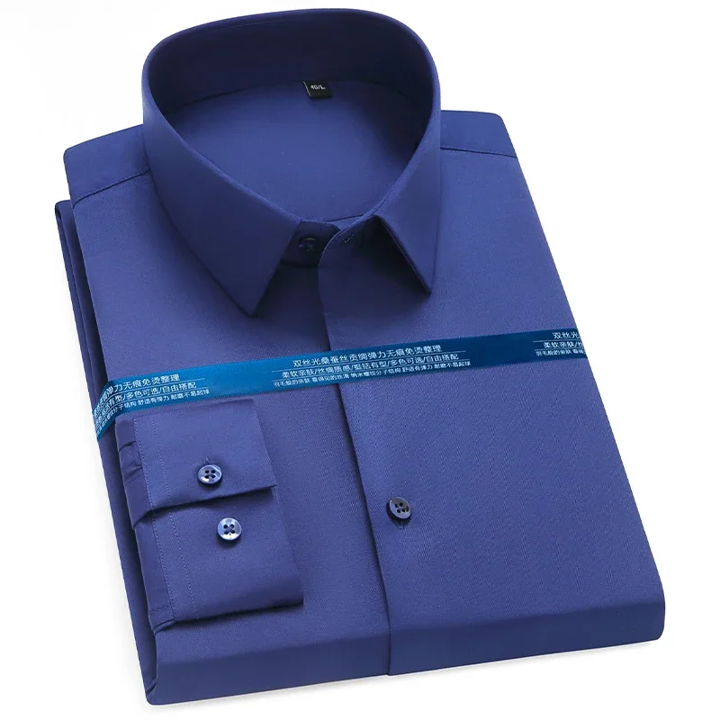 elastic long-sleeve shirts for men shirt slim fit formal plain shirt soft wrinkle free solid color designer office white clothes