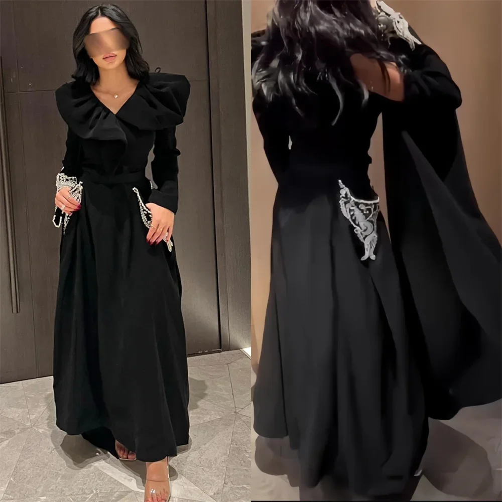 

Formal Gown Evening Prom Dress Dearin V-neck A-line Ankle Length Skirts Draped Applique Bespoke Occasion Dresses Saudi Arabia