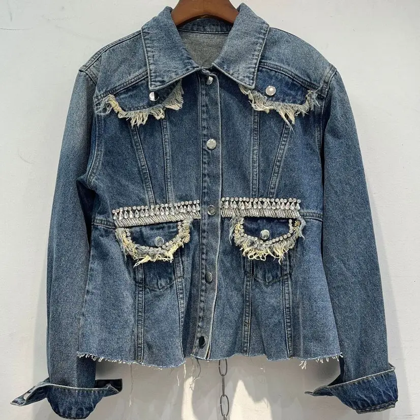 

2023 Spring New Vintage Tassels Short Denim Jacket For Women Diamonds Chic Full Sleeves Lapel Jean Coat Female Outwear Y3674